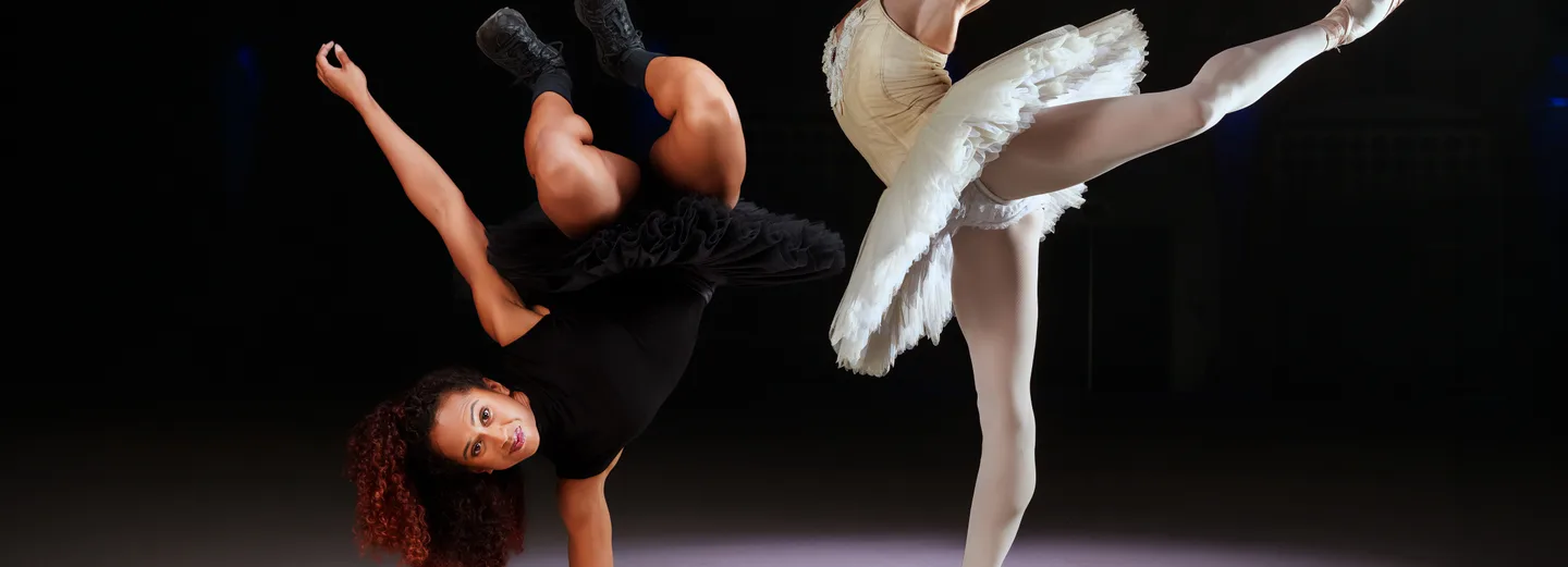 Promotional photograph of Swan Lake Remixed featuring ballet and hip-hop dancers